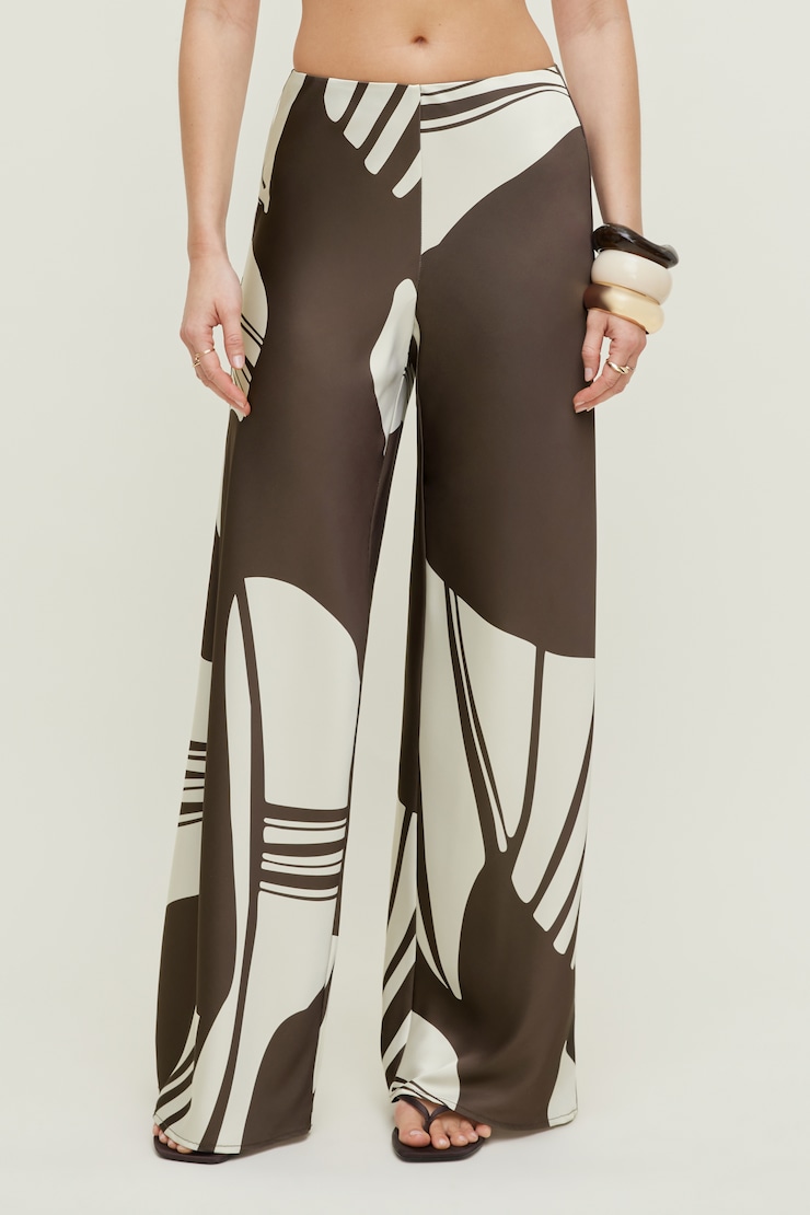 Izzy Wide Leg Satin Pants Brown Abstract large