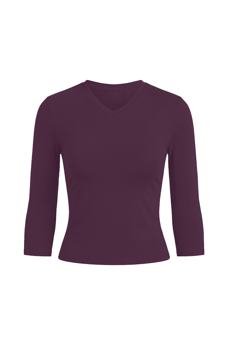 Sleek High V-Neck 3/4 Sleeve Top, Wild Berry Maroon, large
