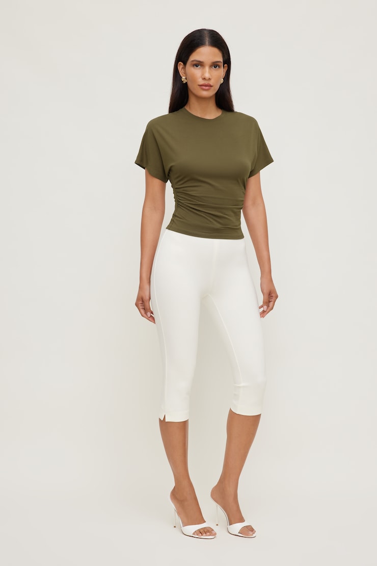 Andrea Shirred Jersey T Shirt Dark Olive Khaki large