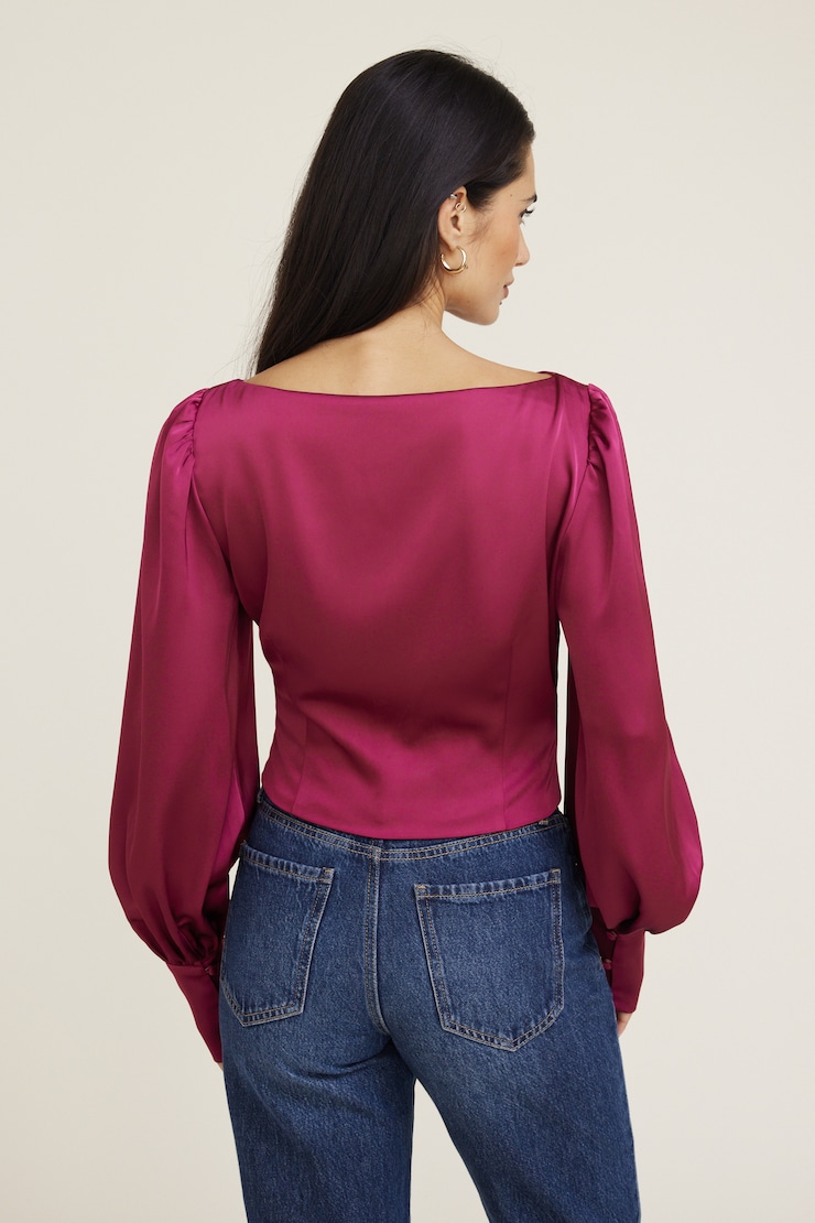 Faye Cropped Boat Neck Satin Blouse Raspberry Radiance Pink large