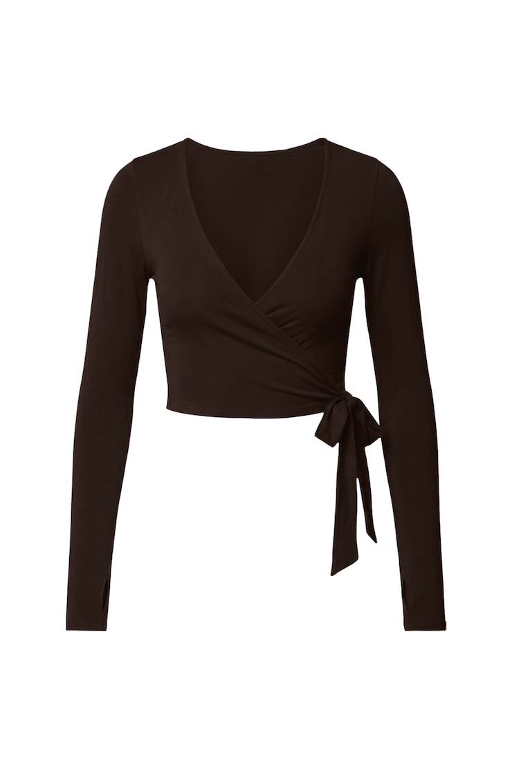 Smooth Long Sleeve Wrap Top, Chocolate Mousse Brown, large