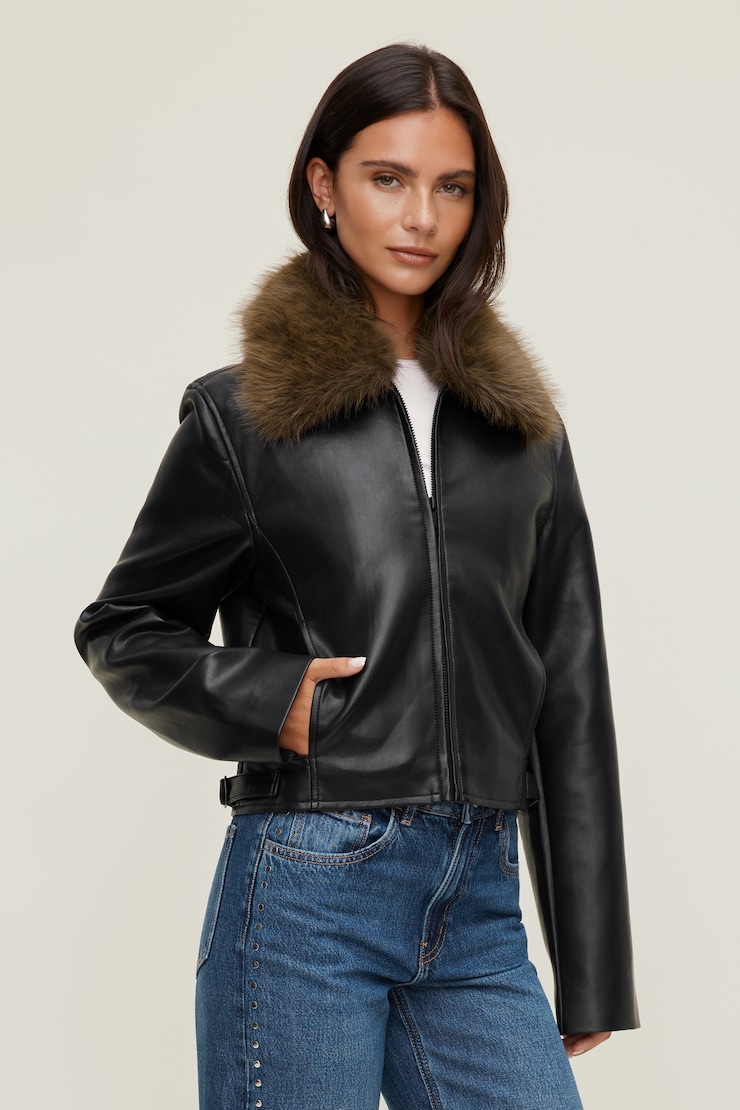 Faux Fur Collar Leather Jacket