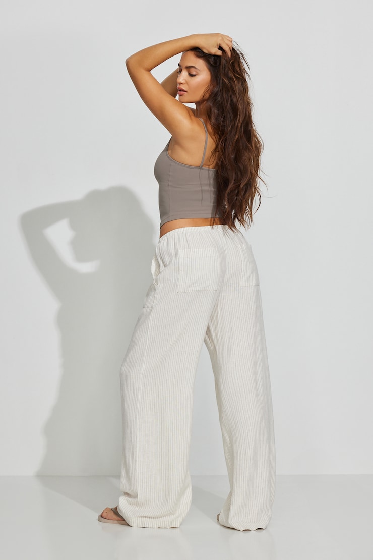 Millie Linen Pull-On Pants, Beige/White Stripes, large