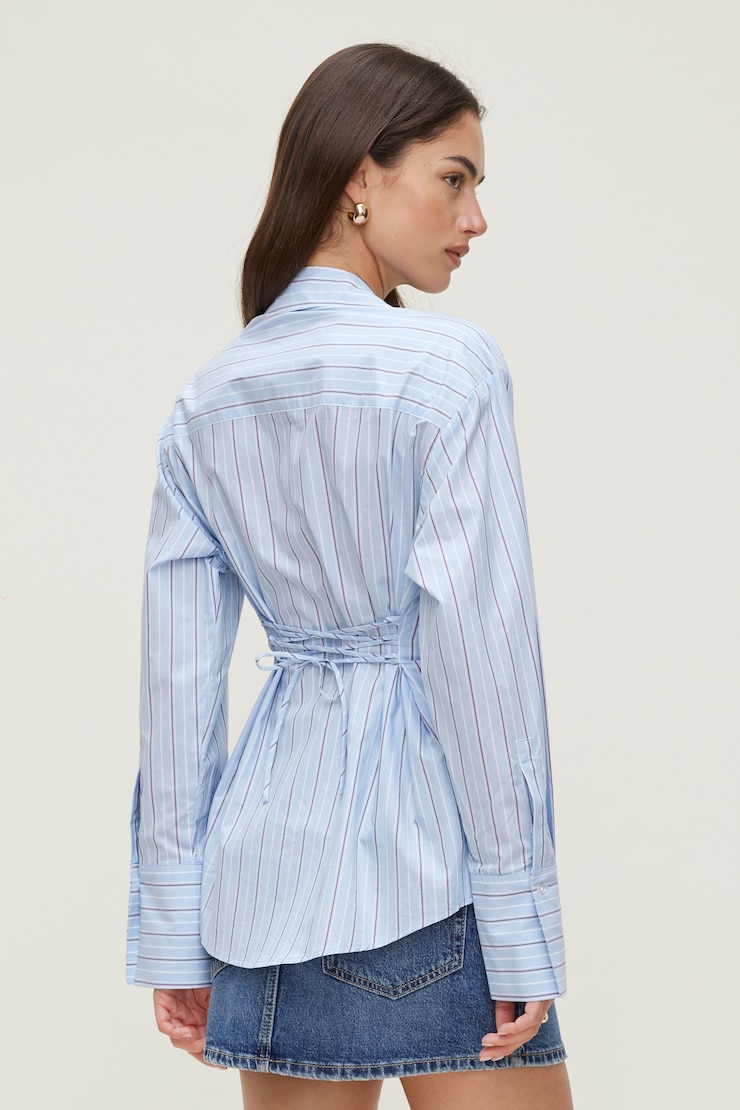 Poplin Cinch Back Shirt Blue Stripe large