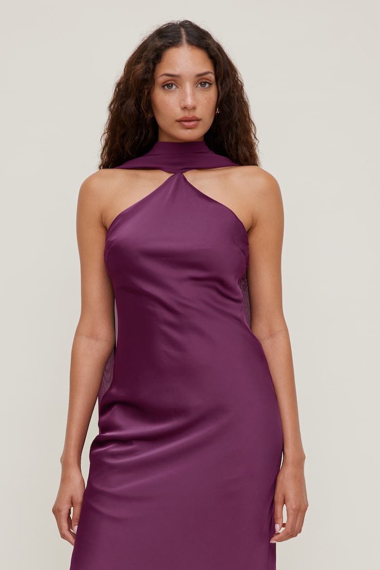 Halter Scarf Satin Maxi Dress Plum Caspia Purple large