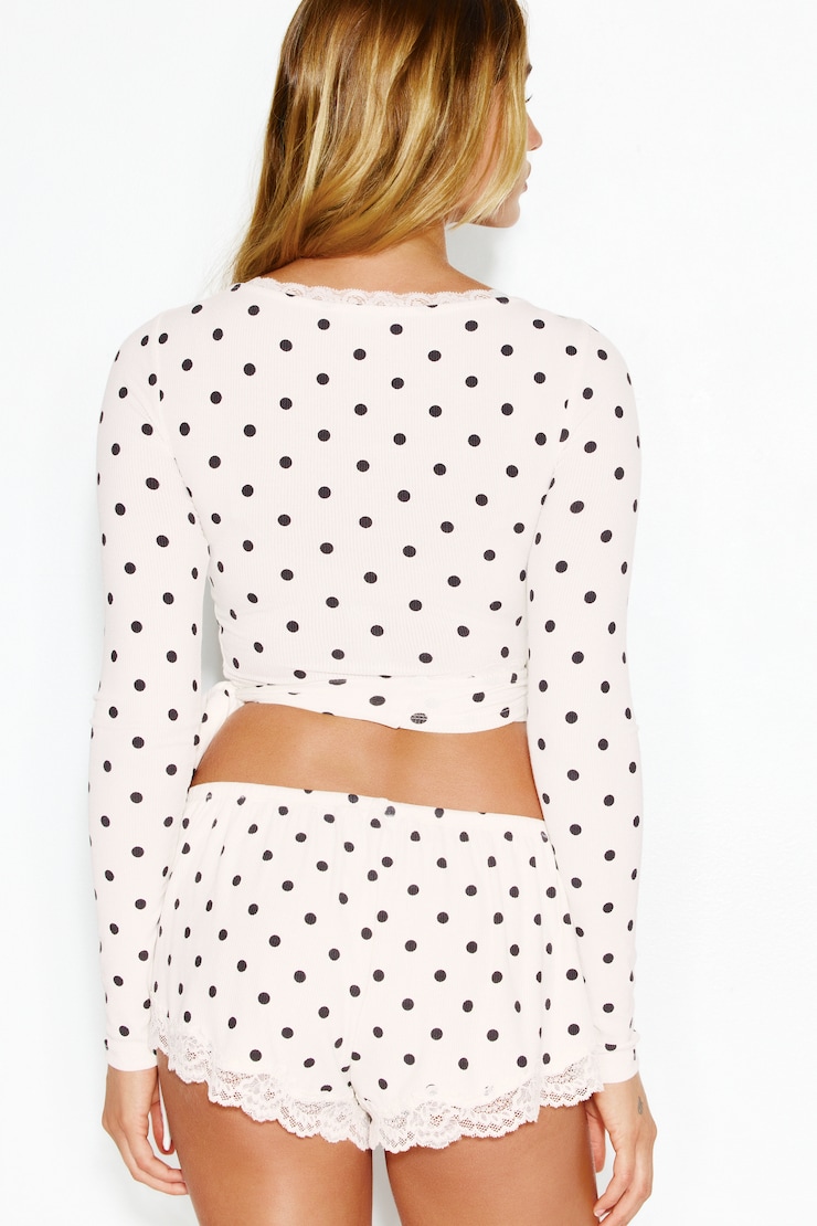SuperSoft Ribbed Lace Wrap Top, Sweet Cream/Brown Dots, large