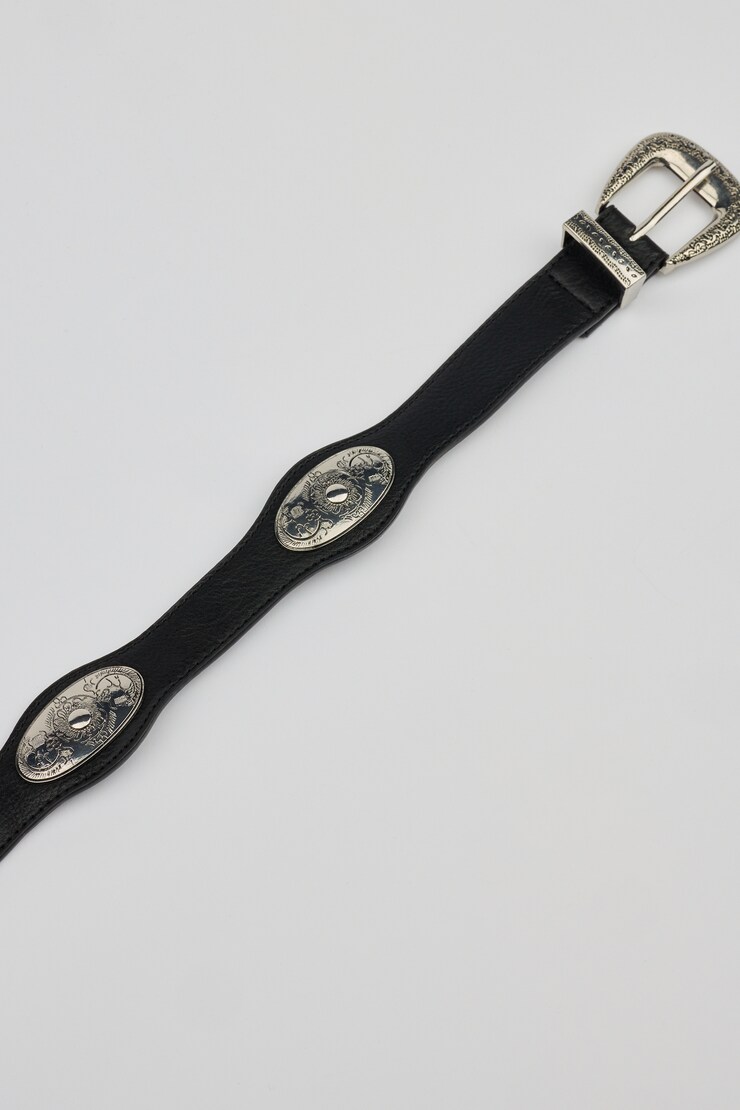 Western Concho Strap Belt, Black/Antique Silver, large