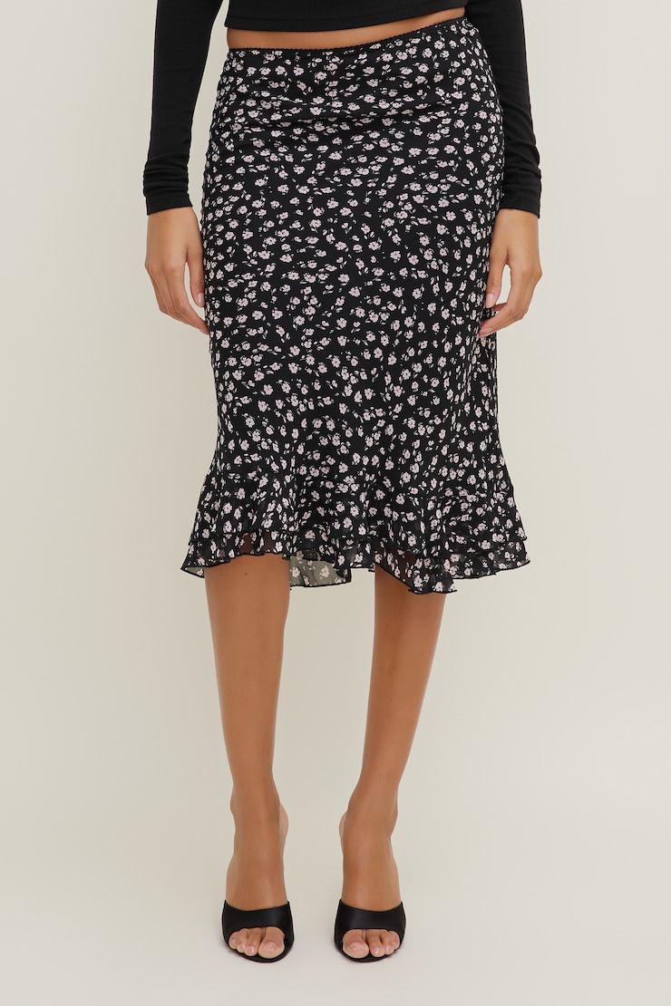 Ruffled Georgette Midi Skirt Black Floral large