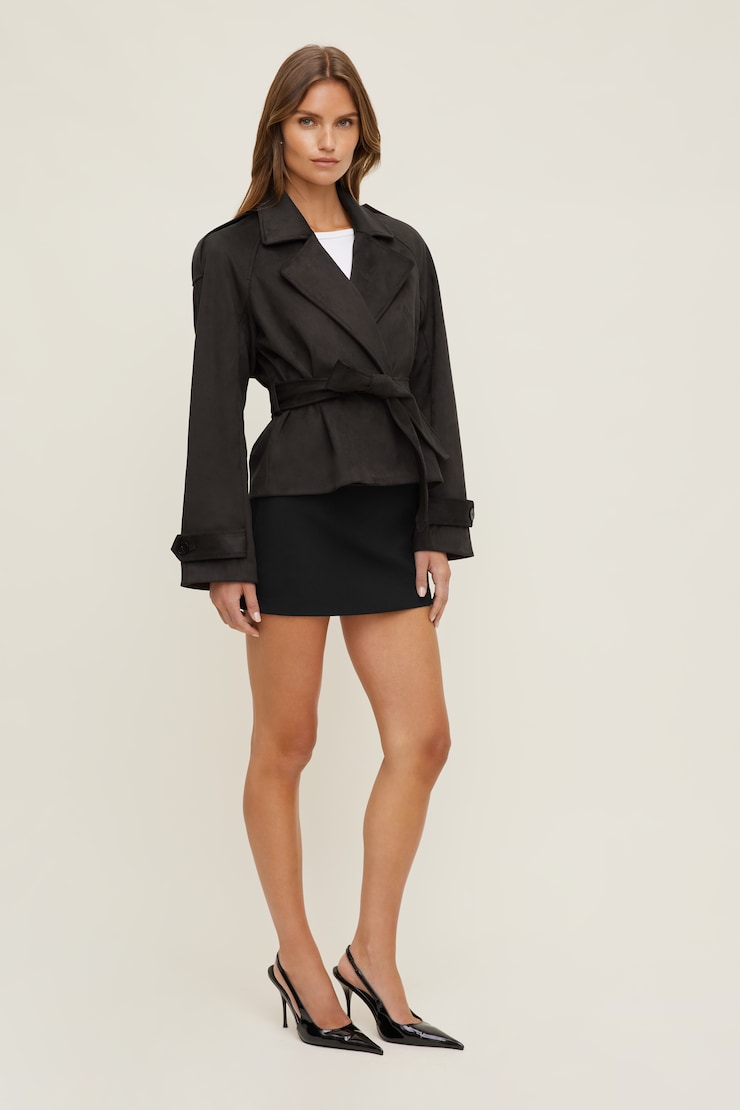 Remi Short Faux Suede Trench Coat Chocolate Torte Brown large