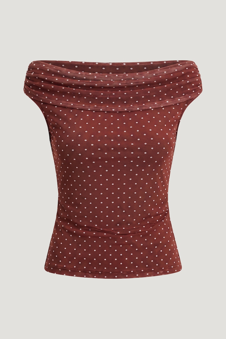 Off Shoulder Mesh Top Dark Paprika Red w/ White Polka Dots large
