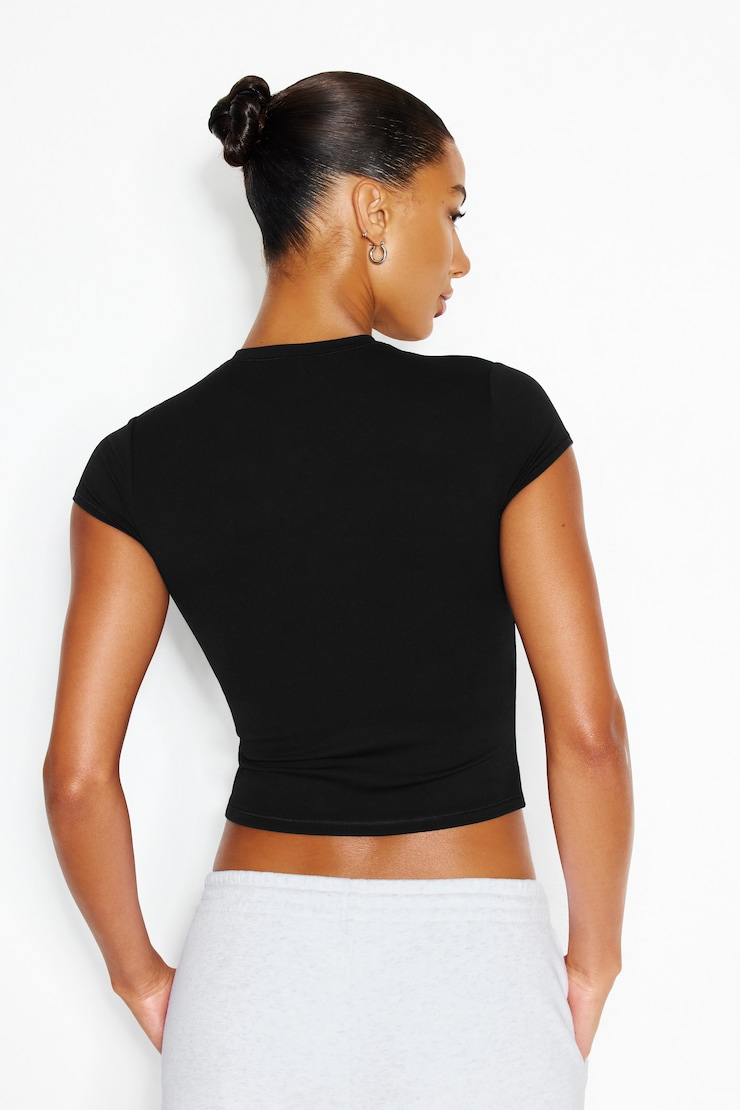 Sleek High V-Neck Short Sleeve Top, Jet Black, large