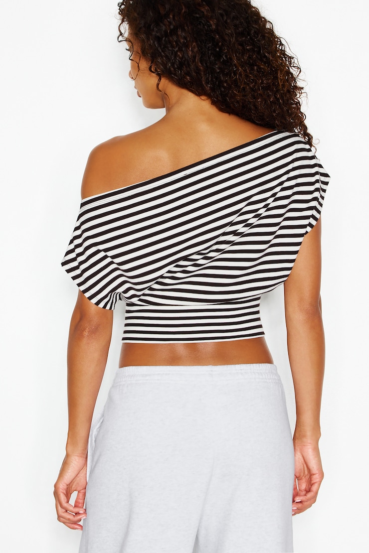 StretchTerry™ Off Shoulder Top, Snow White/Chocolate Mousse Brown Stripes, large