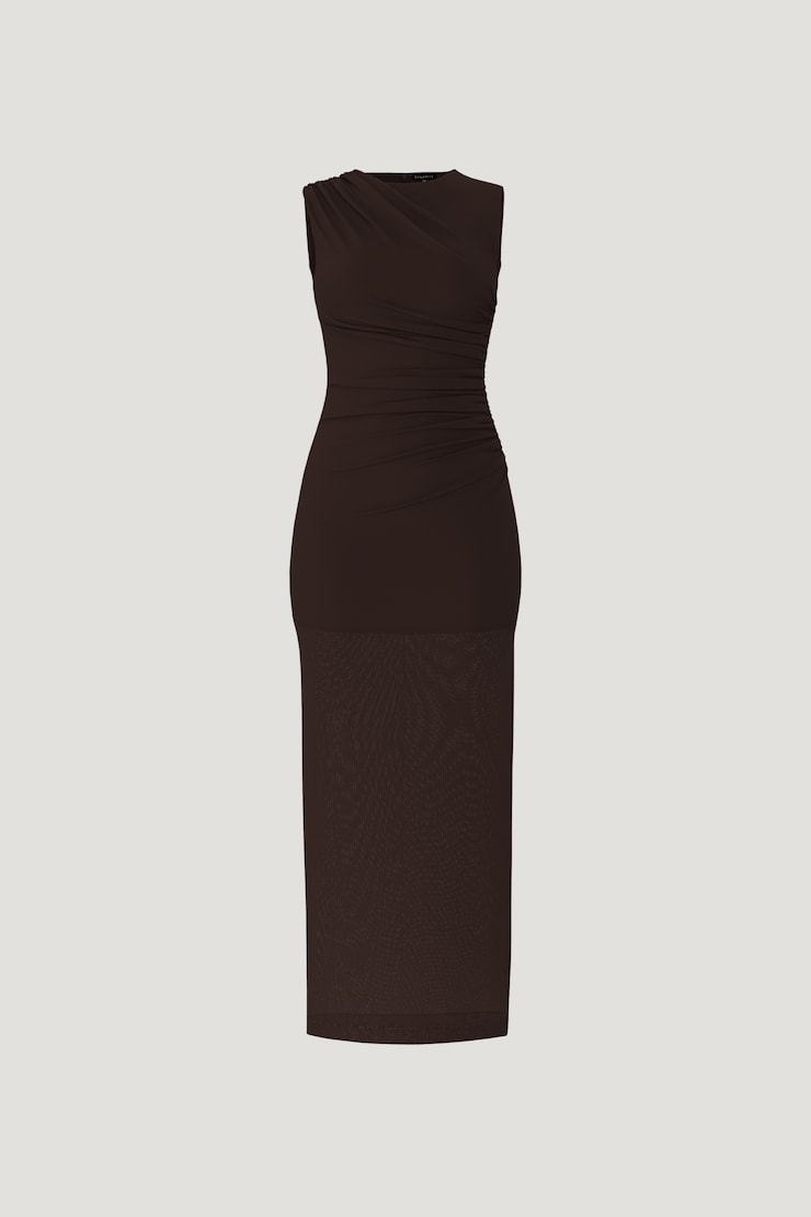 Sheer Shirred Mesh Maxi Dress Chocolate Torte Brown large