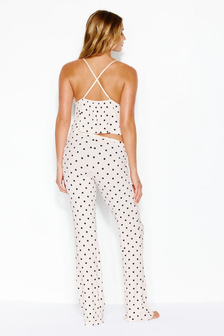 SuperSoft Ribbed Cinched Pants, Sweet Cream/Brown Dots, large