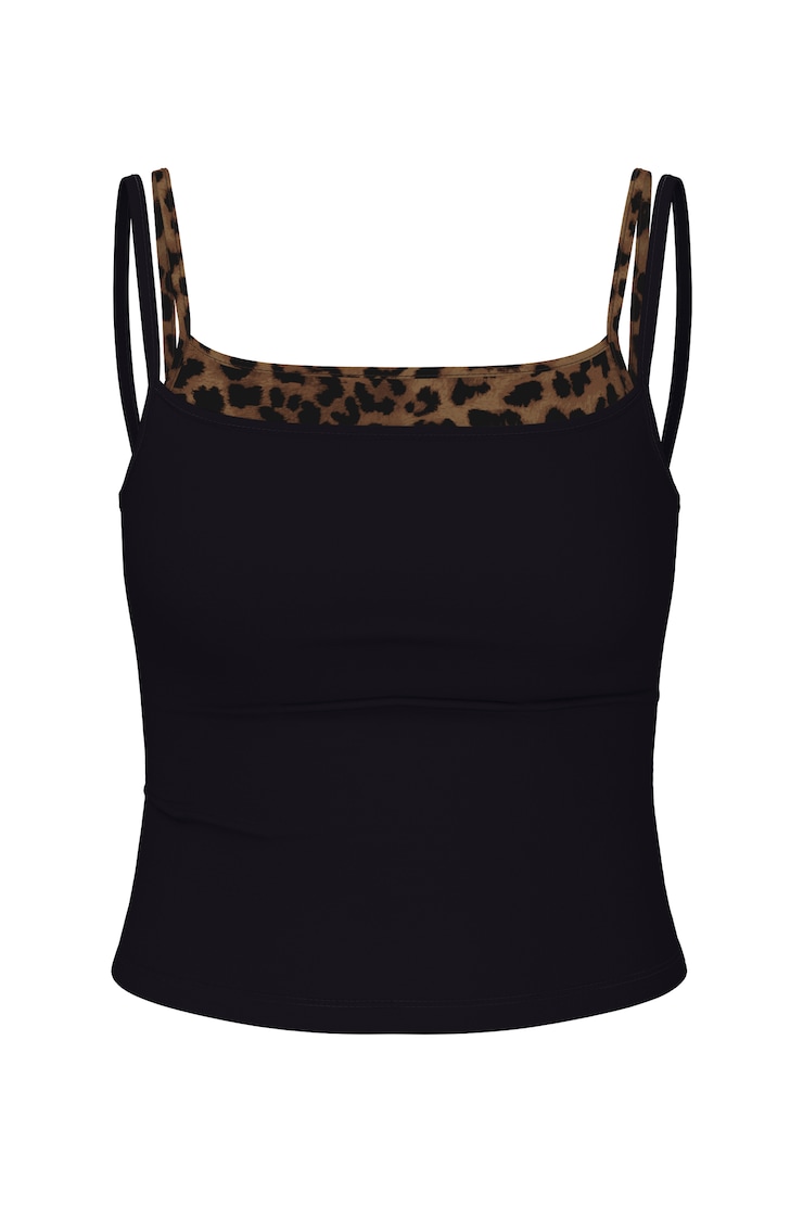 Sleek Double Layer Cami Top, Jet Black/Untamed Leopard, large