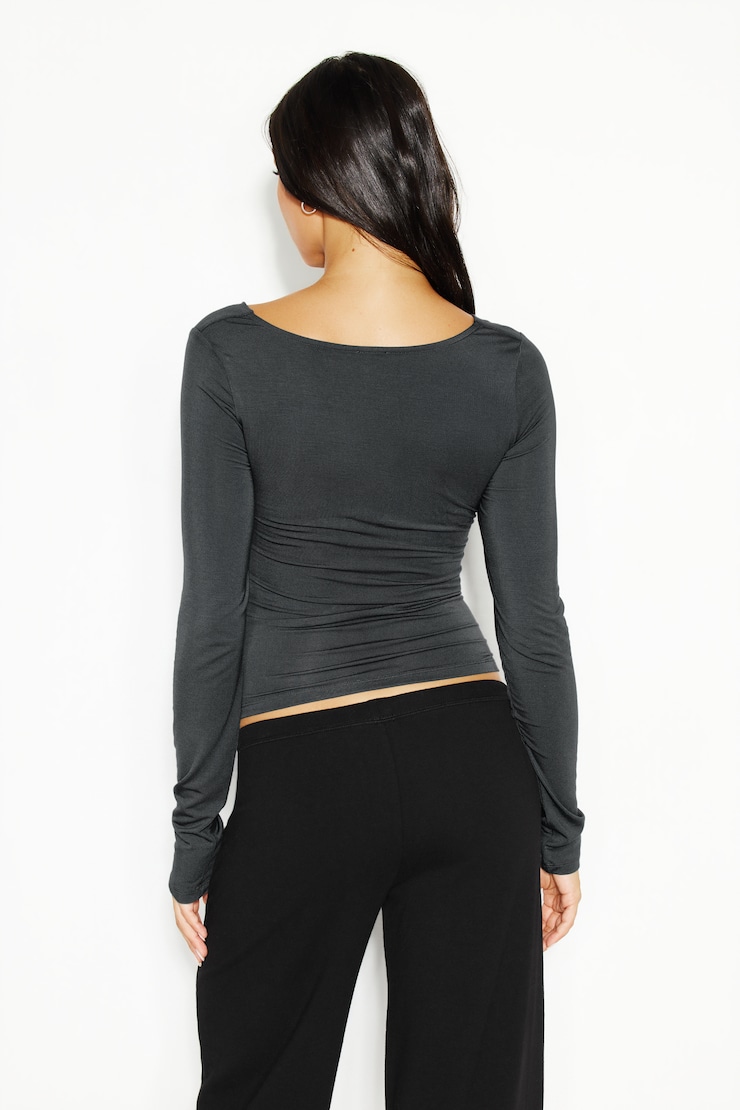 Cowl Neck Long Sleeve Top, Forged Iron Grey, large