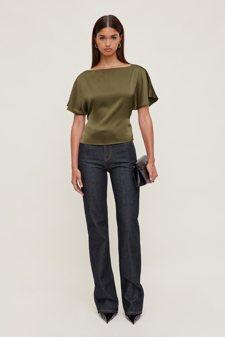 Farra Satin Blouse Dark Olive Khaki large