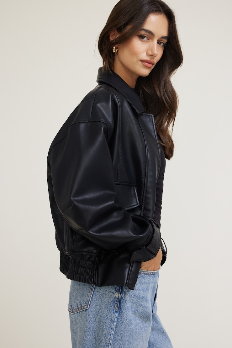 Blouson aviateur ample en faux cuir Noir encre large