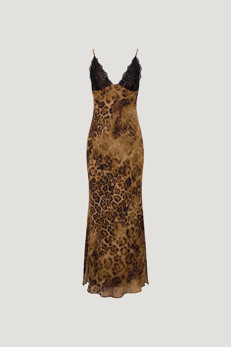 Lace Trim Maxi Dress Leopard Brown large