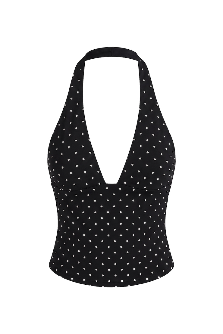 StretchTerry™ Plunge Halter Top, Jet Black/White Polka Dots, large