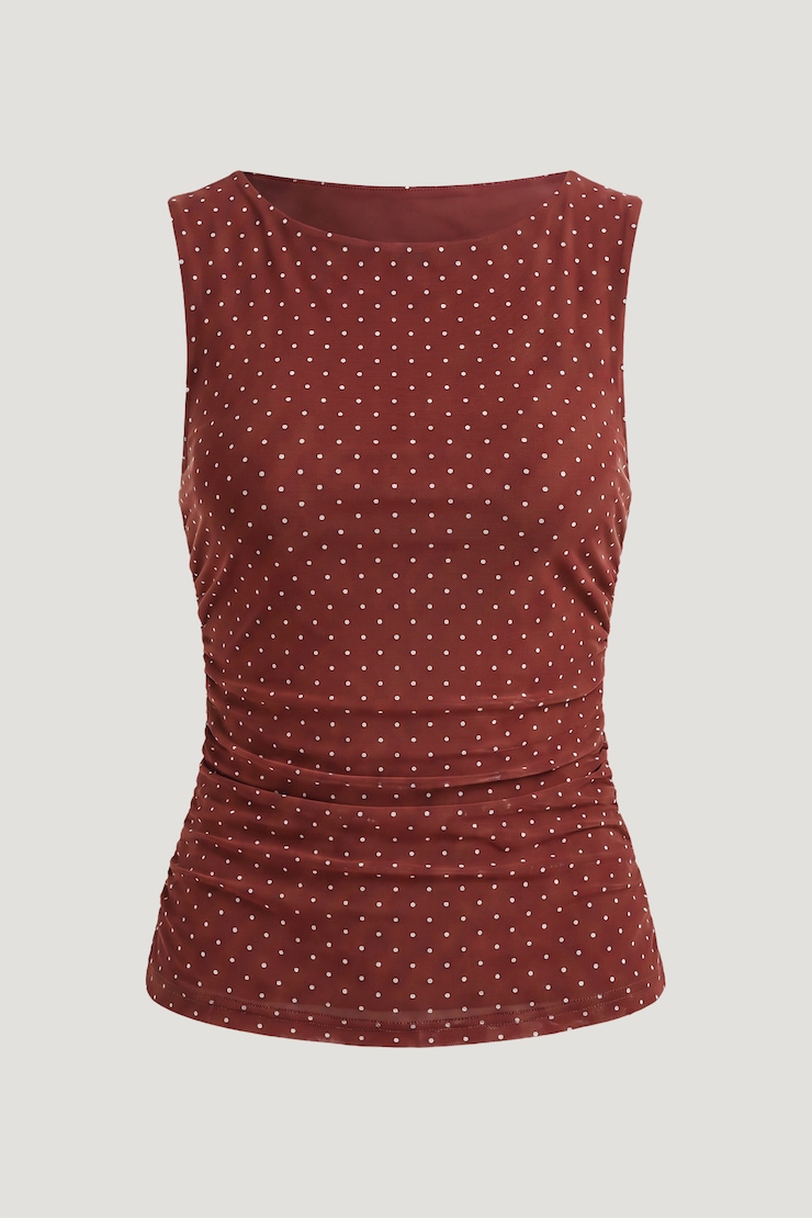 Nola Printed Mesh Tank Top Dark Paprika Burgundy w/ White Polka Dots large