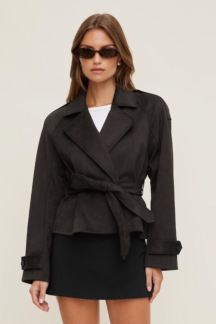 Remi Short Faux Suede Trench Coat Chocolate Torte Brown large