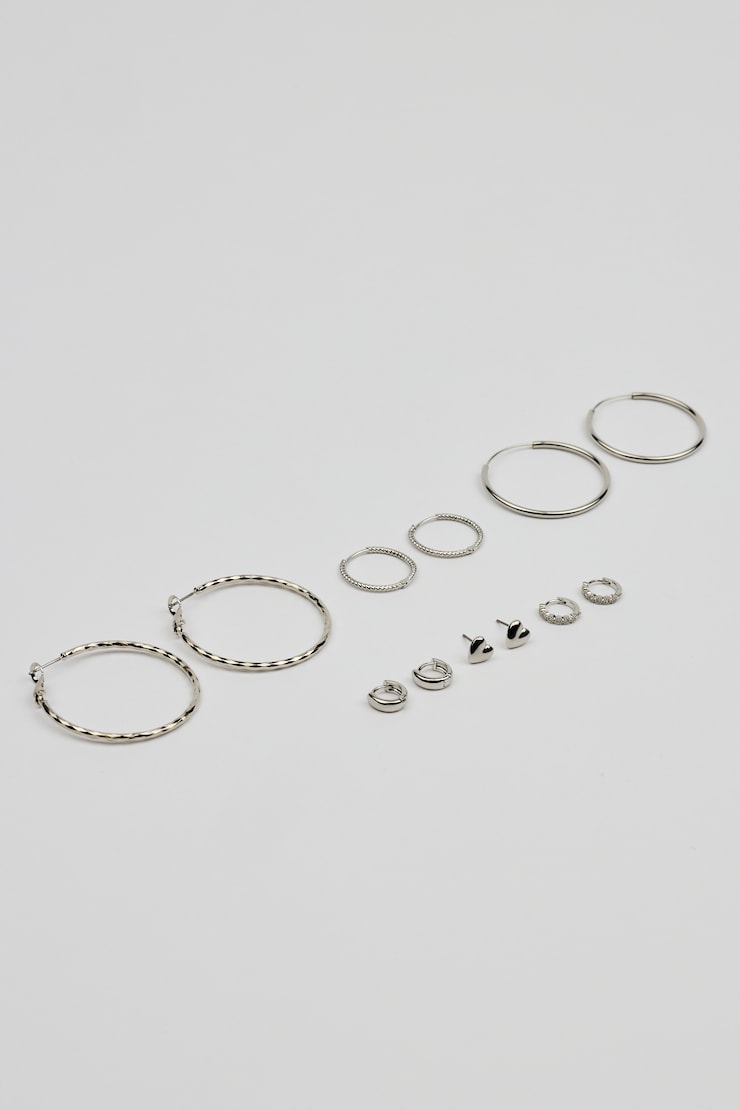 6 Pack of Mini Studs & Thin Hoop Earrings, Silver, large