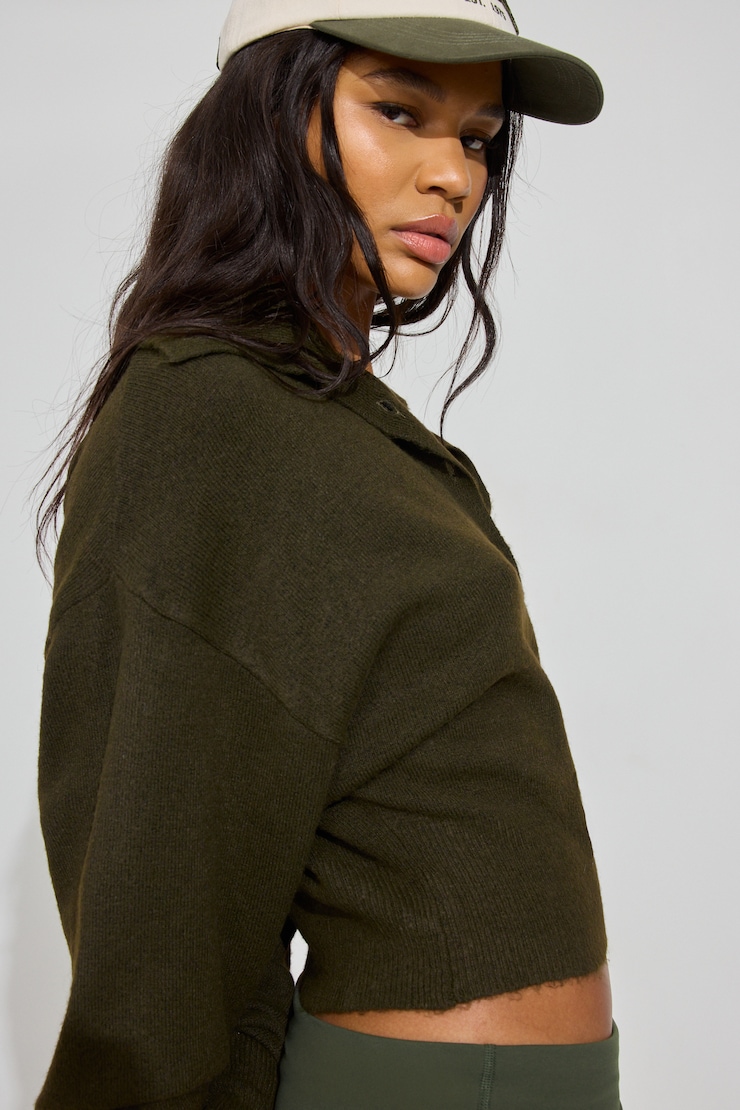 Long Sleeve Spongy Henley Sweater, Mossy Green, large