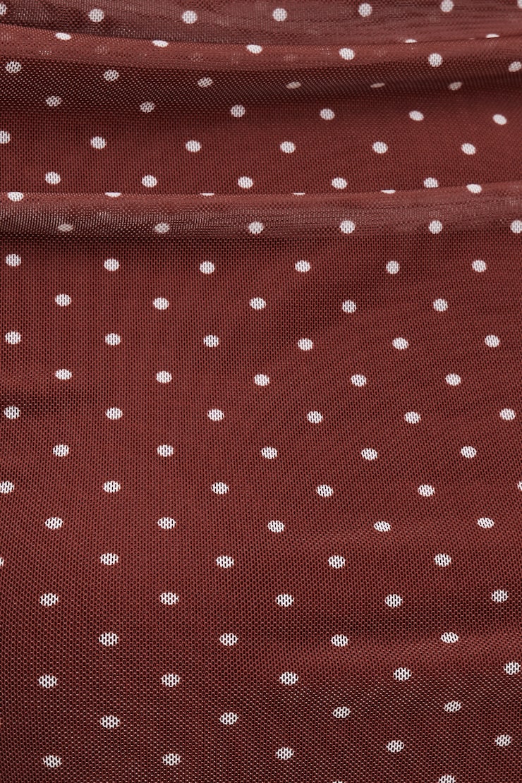 Off Shoulder Mesh Top Dark Paprika Red w/ White Polka Dots large