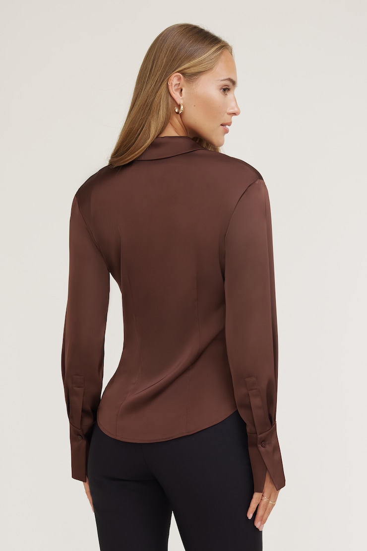 Eva Cinched Satin Shirt Bitter Chocolate Burgundy large