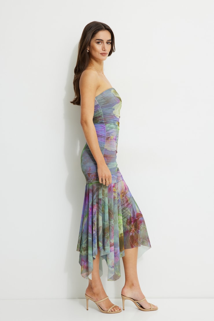 Ruched Mesh Maxi Tube Dress Green & Purple Flower Abstract large