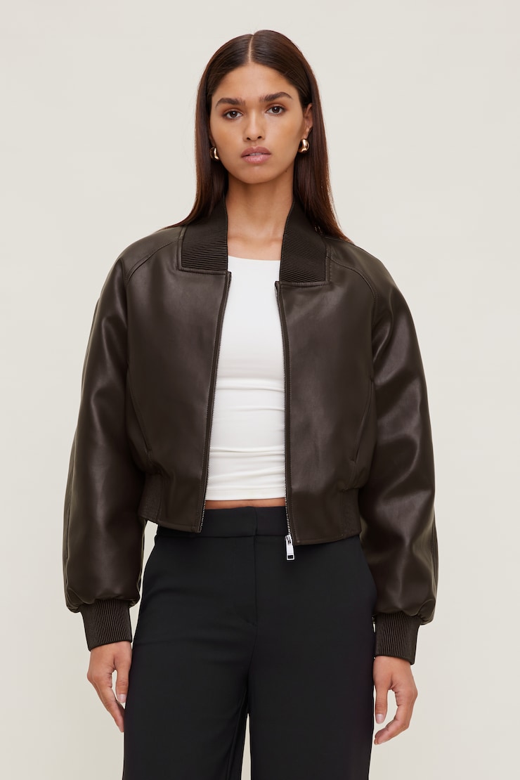 Ribbed Faux Leather Bomber Jacket
