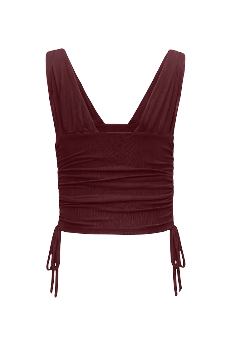 Plunge Ruched Tie Mesh Top, Burgundy Bite, large