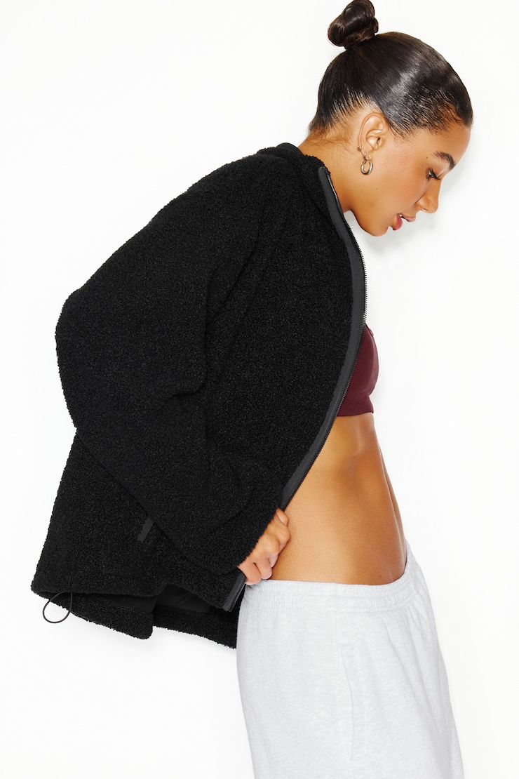 Blouson sherpa à fermeture éclair complète, Noir encre, large
