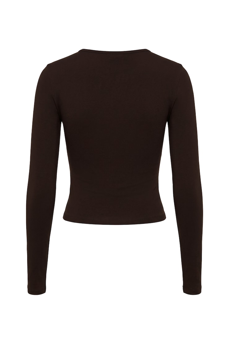 Sleek Plunge Longsleeve Top, Chocolate Mousse Brown, large