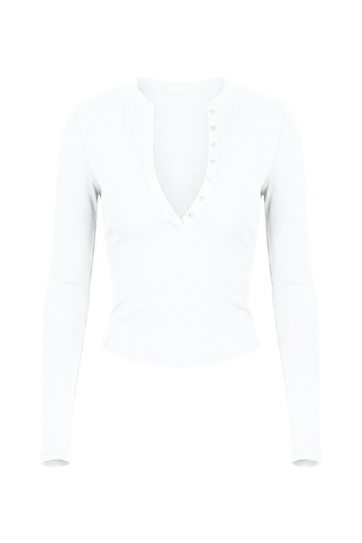 SnatchRib Crewneck Henley Long Sleeve Top, Bright White, large