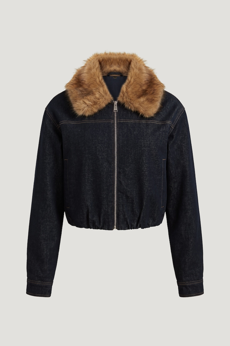 Faux Fur Collar Denim Aviator Jacket Medium Dark Indigo / Rinse large