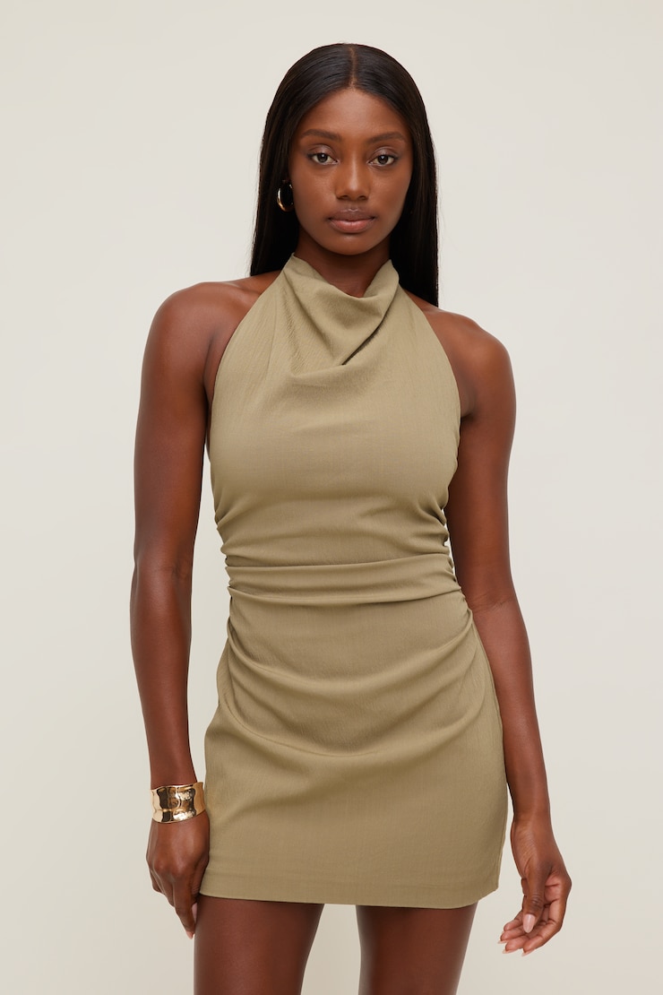 Cowl Halter Mini Dress Beige large