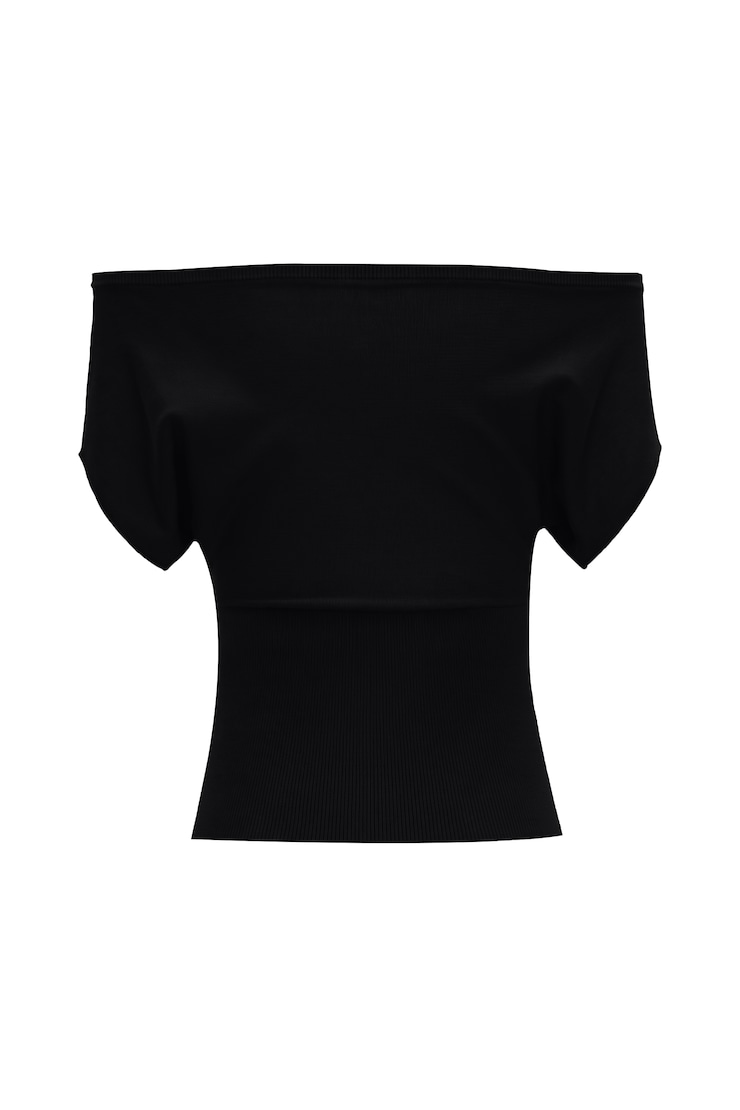 Off Shoulder Short Sleeve Cinch Waist Top, Jet Black, large