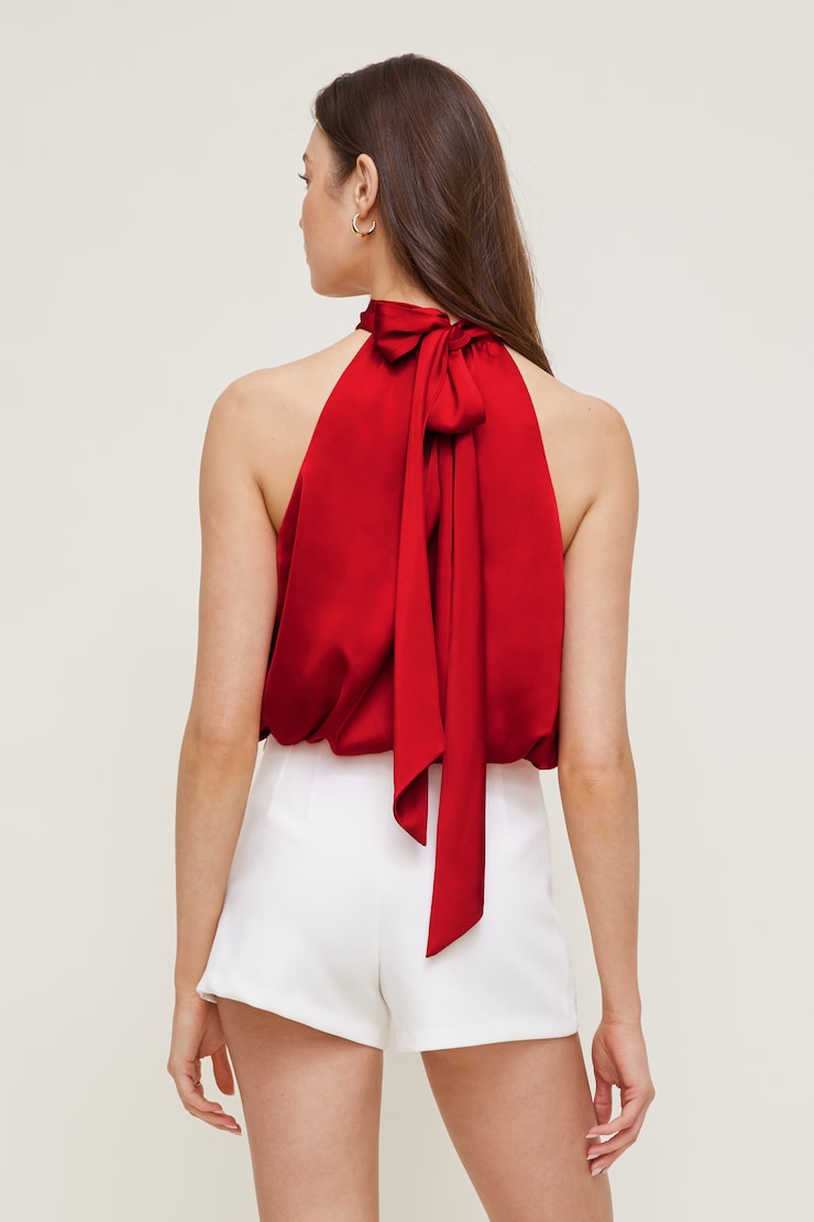 Paloma Bubble Satin Halter Blouse Goji Berry Red large