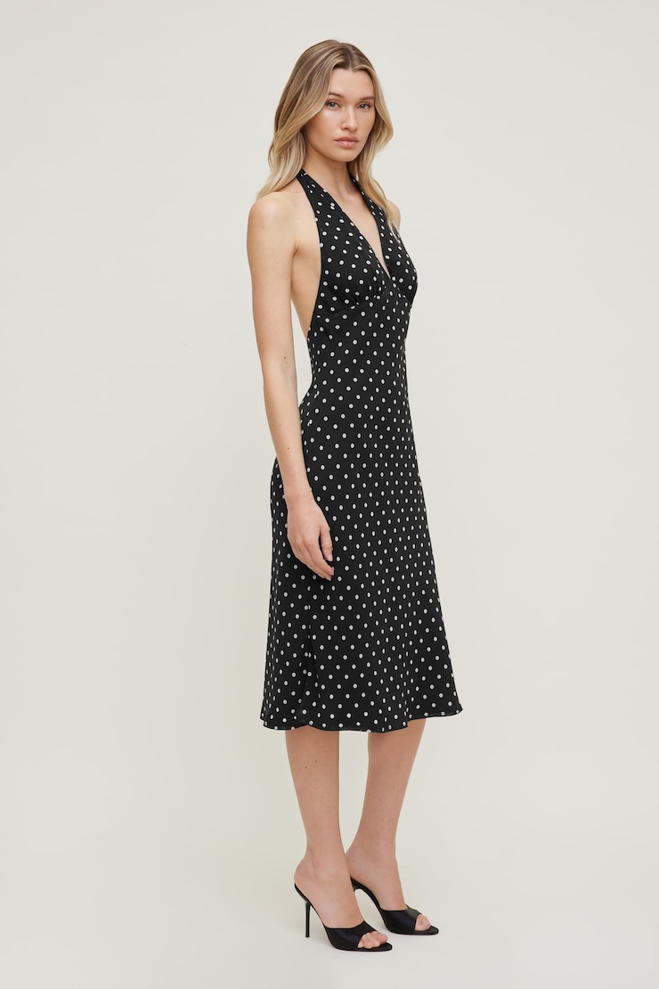 Elena Halter Midi Dress Black w/ White Polka Dots large