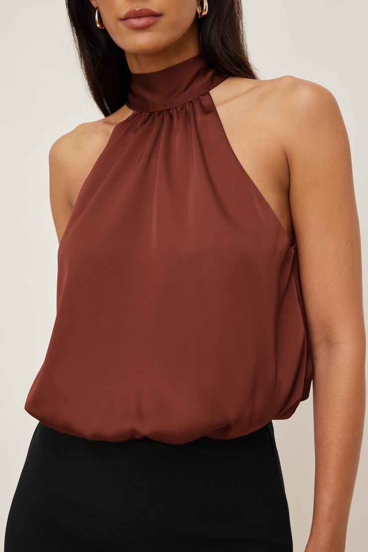 Paloma Bubble Satin Halter Blouse Dark Paprika Burgundy large