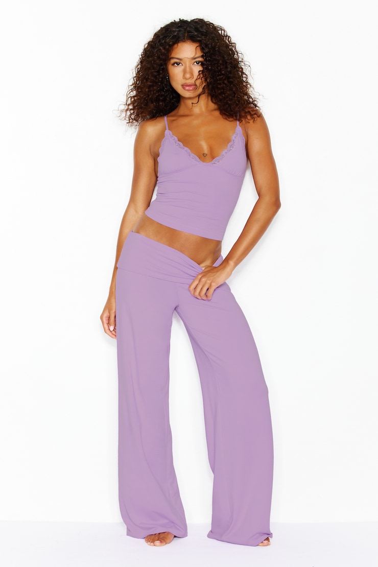 Plunge Lace Trim Cami Top, Charged Lilac Purple, large
