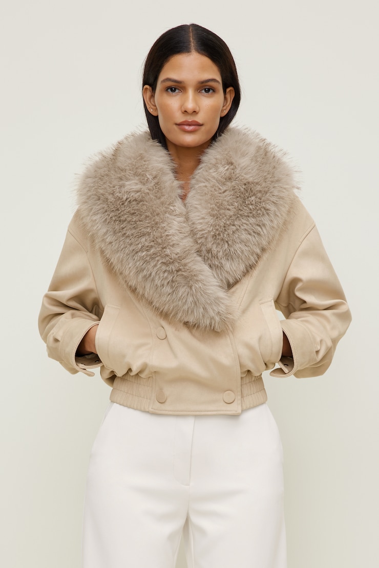 Blouson aviateur en faux suède Beige pierre ponce large