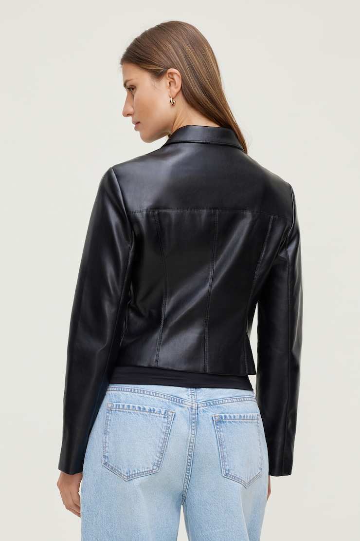 【JAREY】 BB FAUX LEATHER SHORT JACKET Jhichic Women's Faux Leather Textured Short Moto Jacket Zip-up