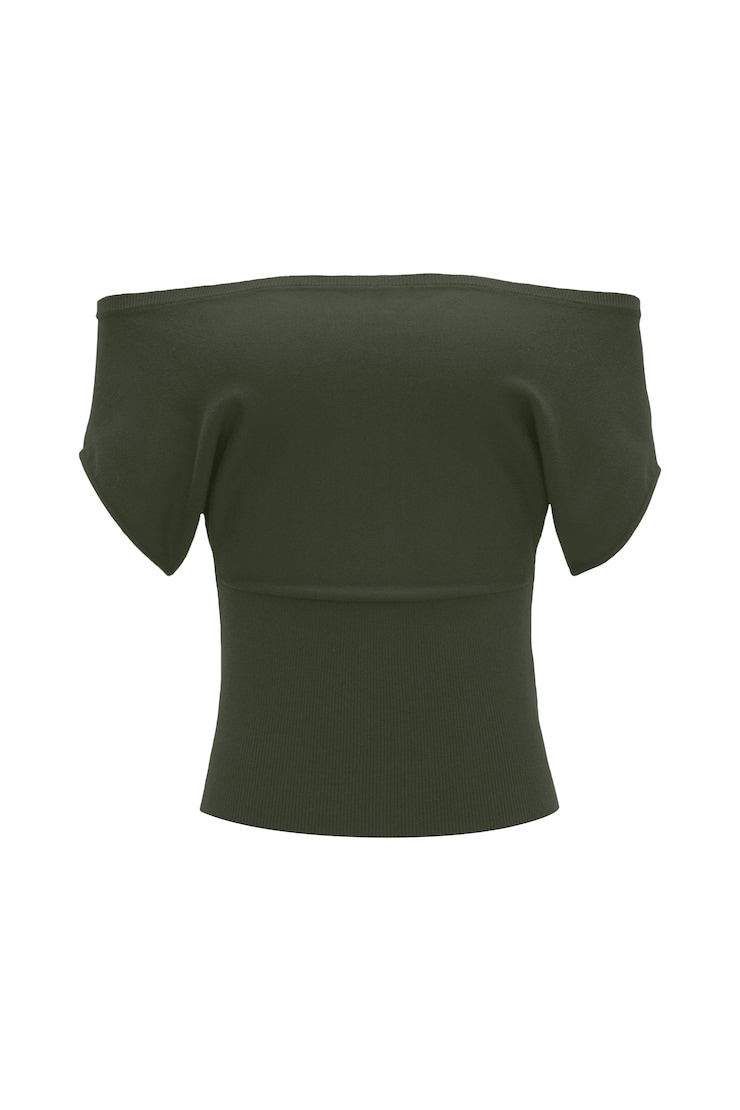 Off Shoulder Short Sleeve Cinch Waist Top, Olive Obsession, large
