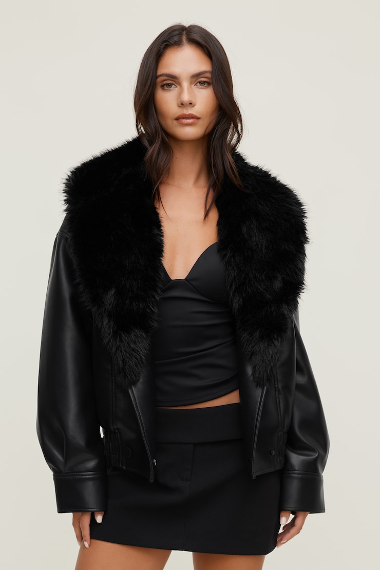 Drew Faux Leather Aviator Jacket Jet Black large