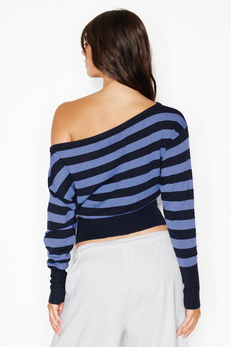 Off Shoulder Reset Long Sleeve Top, Naughty Navy Blue/Blue Blush Stripes, large