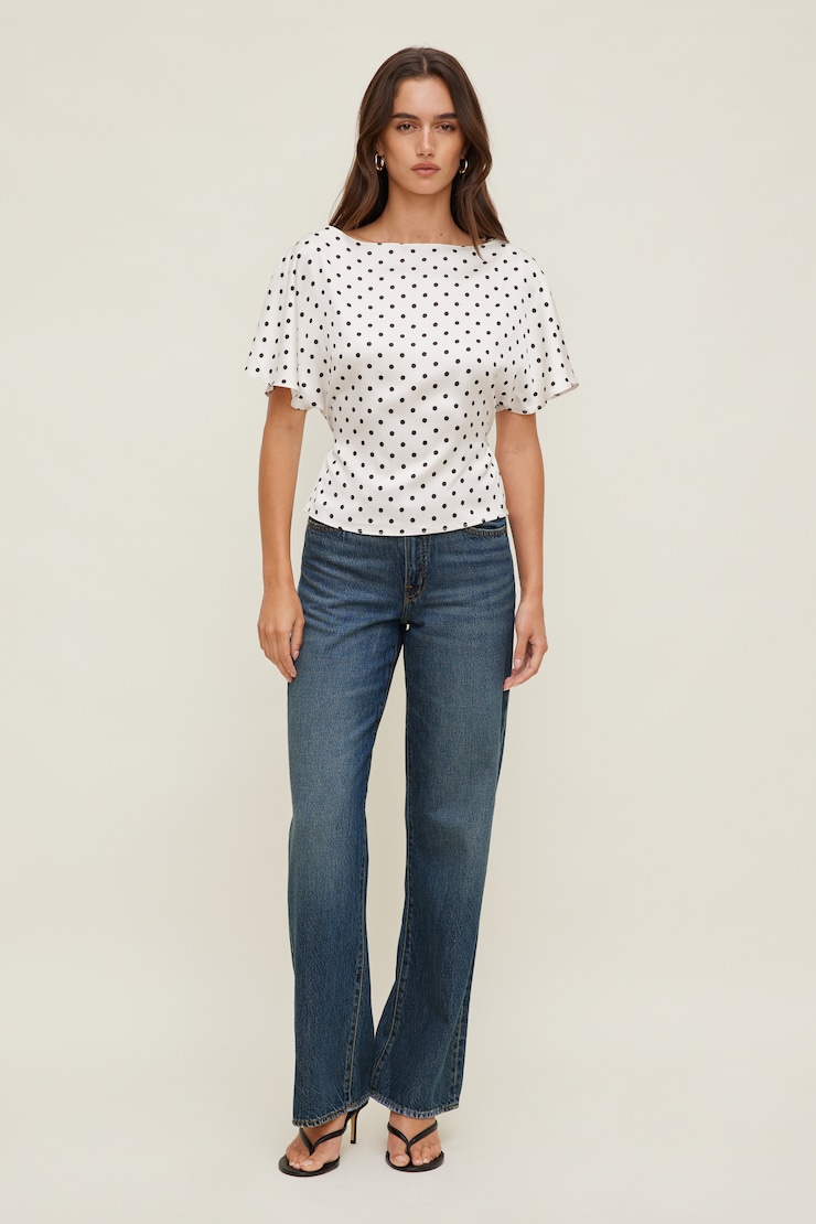 Farra Satin Blouse White w/ Black Polka Dots large