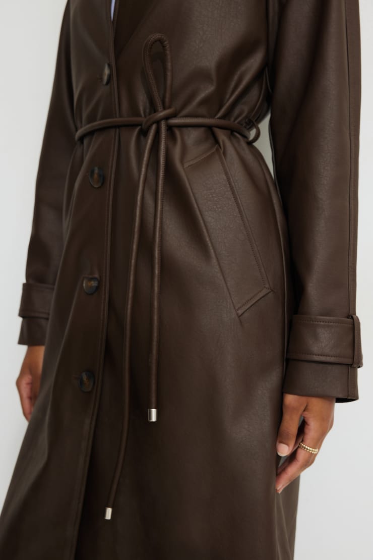 Faux Leather Mac Coat Coffee Bean Brown large